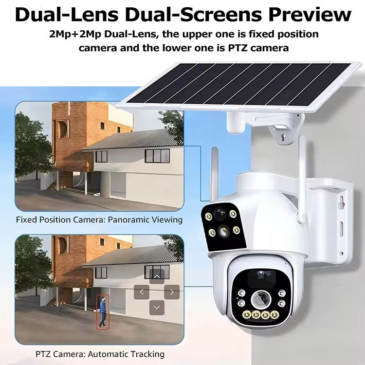 [PRE-ORDER] DUAL LENS PTZ SLIMME PTZ BEVEILIGINGS CAMERA MET ZONNEPANEEL